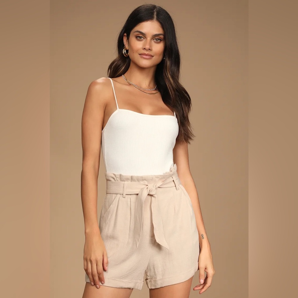 Lulus Daily Adventures Beige Paperbag Waist Shorts